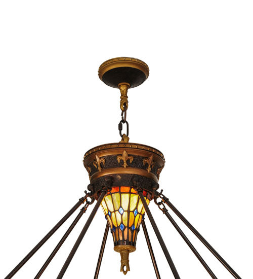 Meyda Lighting Fleur-de-lis 45" 10-Light Copper Vein and Gold Accents Inverted Pendant Light With Multi-Colored Shade Glass