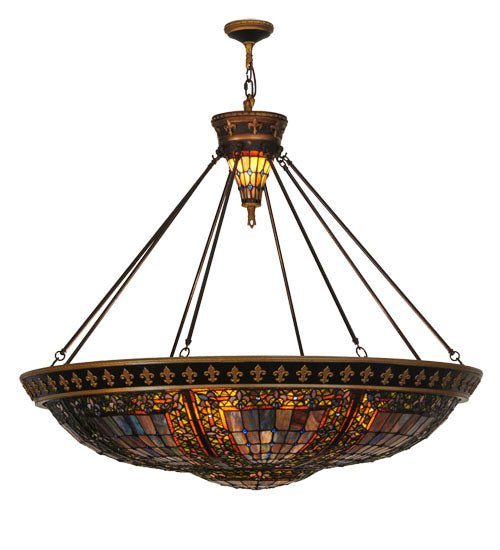 Meyda Lighting Fleur-de-lis 45" 10-Light Copper Vein and Gold Accents Inverted Pendant Light With Multi-Colored Shade Glass