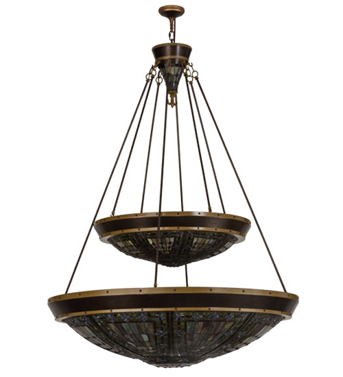 Meyda Lighting Fleur-de-lis 45" 14-Light 2-Tier Copper Vein Inverted Pendant Light With Multi-Colored Shade Glass