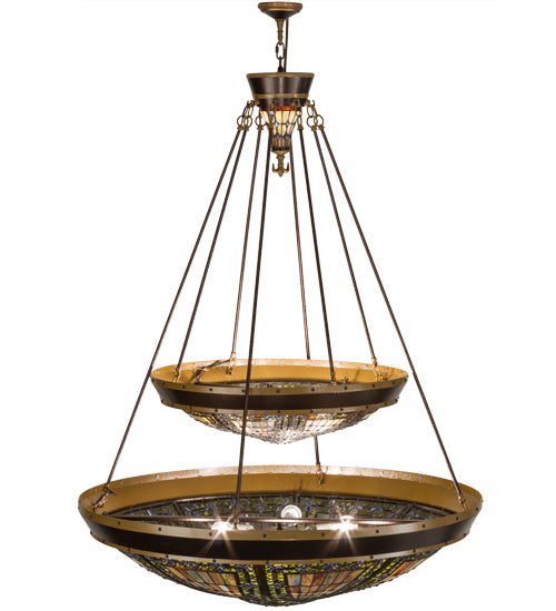 Meyda Lighting Fleur-de-lis 45" 14-Light 2-Tier Copper Vein Inverted Pendant Light With Multi-Colored Shade Glass