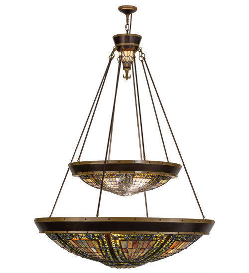 Meyda Lighting Fleur-de-lis 45" 14-Light 2-Tier Copper Vein Inverted Pendant Light With Multi-Colored Shade Glass