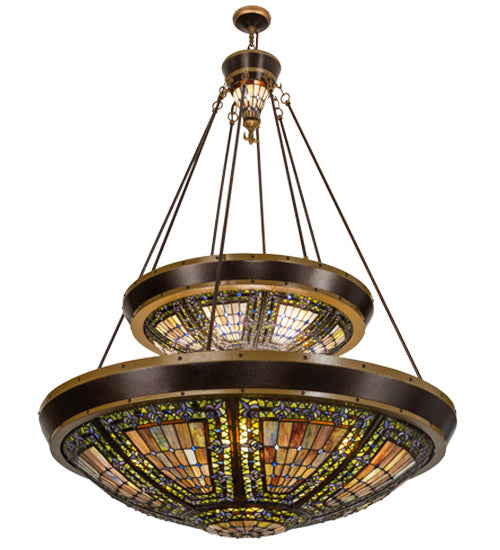 Meyda Lighting Fleur-de-lis 45" 14-Light 2-Tier Copper Vein Inverted Pendant Light With Multi-Colored Shade Glass
