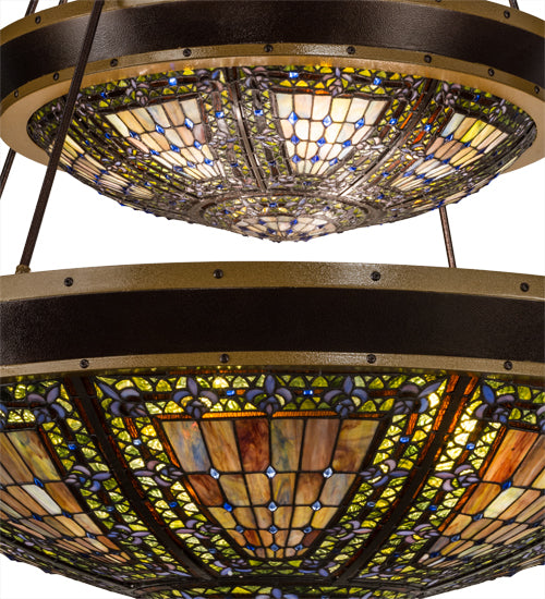 Meyda Lighting Fleur-de-lis 45" 14-Light 2-Tier Copper Vein Inverted Pendant Light With Multi-Colored Shade Glass