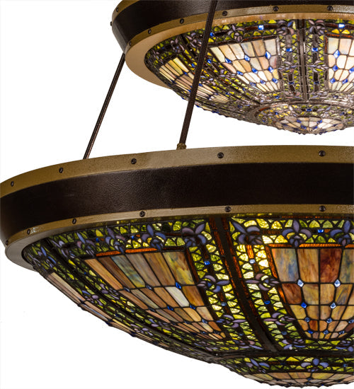 Meyda Lighting Fleur-de-lis 45" 14-Light 2-Tier Copper Vein Inverted Pendant Light With Multi-Colored Shade Glass
