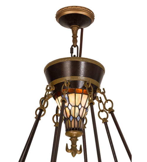 Meyda Lighting Fleur-de-lis 45" 14-Light 2-Tier Copper Vein Inverted Pendant Light With Multi-Colored Shade Glass