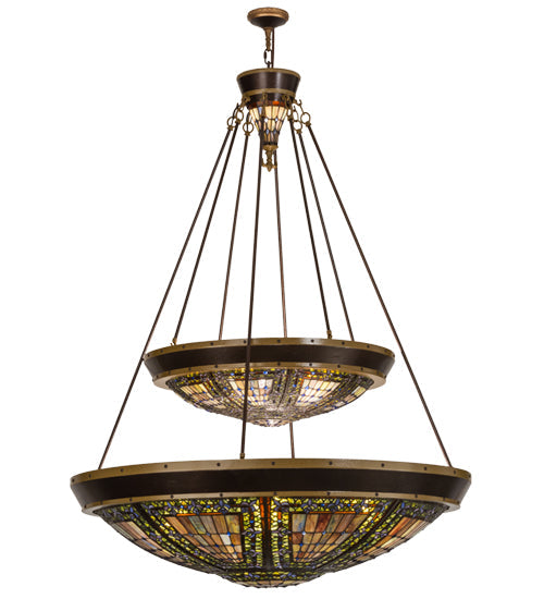Meyda Lighting Fleur-de-lis 45" 14-Light 2-Tier Copper Vein Inverted Pendant Light With Multi-Colored Shade Glass