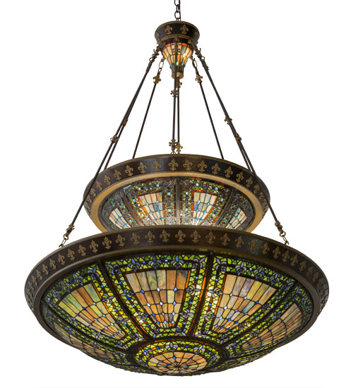Meyda Lighting Fleur-de-lis 45" 14-Light 2-Tier Mahogany Bronze Inverted Pendant Light With Multi-Colored Shade Glass