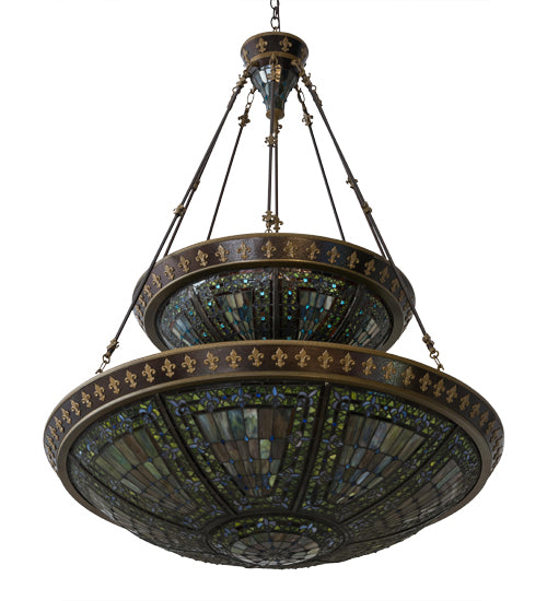Meyda Lighting Fleur-de-lis 45" 14-Light 2-Tier Mahogany Bronze Inverted Pendant Light With Multi-Colored Shade Glass