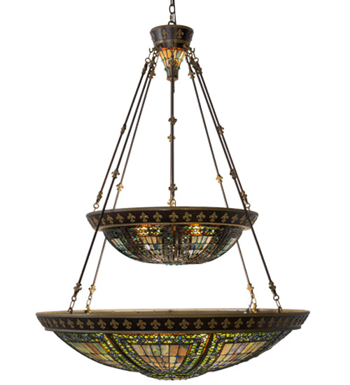 Meyda Lighting Fleur-de-lis 45" 14-Light 2-Tier Mahogany Bronze Inverted Pendant Light With Multi-Colored Shade Glass