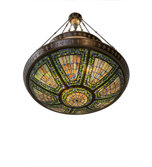 Meyda Lighting Fleur-de-lis 45" 14-Light 2-Tier Mahogany Bronze Inverted Pendant Light With Multi-Colored Shade Glass