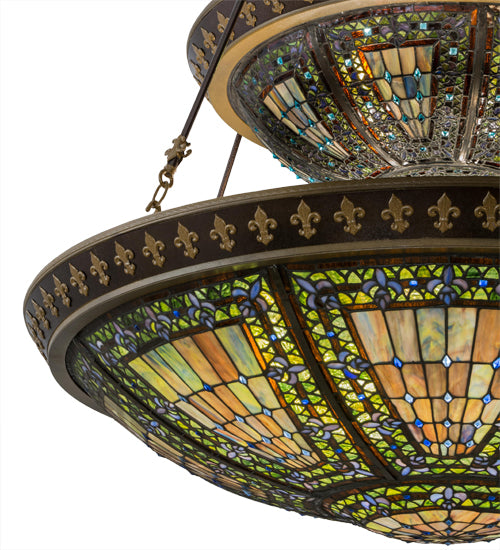 Meyda Lighting Fleur-de-lis 45" 14-Light 2-Tier Mahogany Bronze Inverted Pendant Light With Multi-Colored Shade Glass