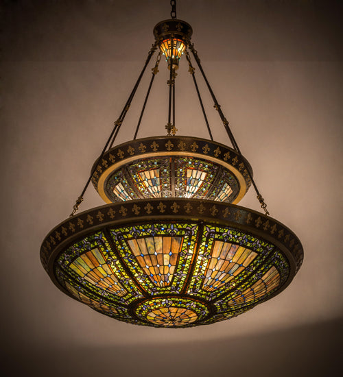 Meyda Lighting Fleur-de-lis 45" 14-Light 2-Tier Mahogany Bronze Inverted Pendant Light With Multi-Colored Shade Glass