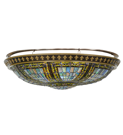 Meyda Lighting Fleur-de-lis 45" 8-Light Copper Vein & Gold Flush Mount Light With Multi-Colored Shade Glass