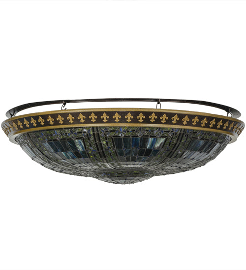 Meyda Lighting Fleur-de-lis 45" 8-Light Copper Vein & Gold Flush Mount Light With Multi-Colored Shade Glass