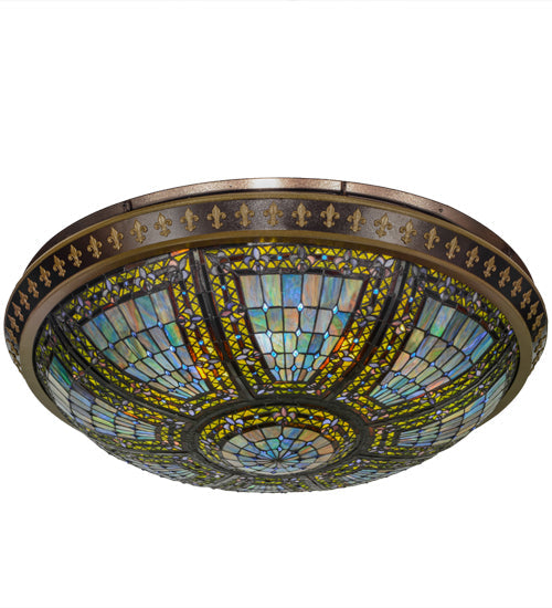 Meyda Lighting Fleur-de-lis 45" 8-Light Copper Vein & Gold Flush Mount Light With Multi-Colored Shade Glass