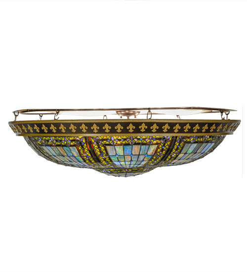 Meyda Lighting Fleur-de-lis 45" 8-Light Copper Vein & Gold Flush Mount Light With Multi-Colored Shade Glass