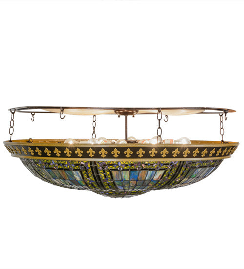 Meyda Lighting Fleur-de-lis 45" 8-Light Copper Vein & Gold Flush Mount Light With Multi-Colored Shade Glass