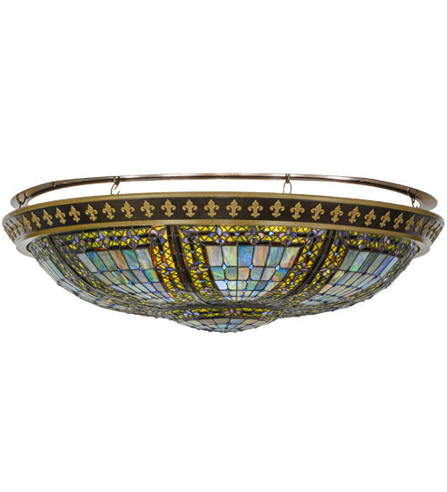 Meyda Lighting Fleur-de-lis 45" 8-Light Copper Vein & Gold Flush Mount Light With Multi-Colored Shade Glass
