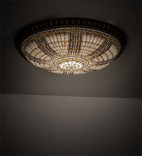 Meyda Lighting Fleur-de-lis 45" 8-Light Copper Vein & Gold Flush Mount Light With Multi-Colored Stained Shade Glass