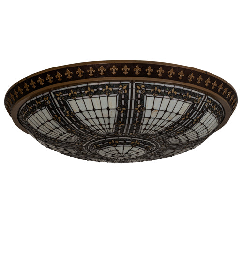 Meyda Lighting Fleur-de-lis 45" 8-Light Copper Vein & Gold Flush Mount Light With Multi-Colored Stained Shade Glass