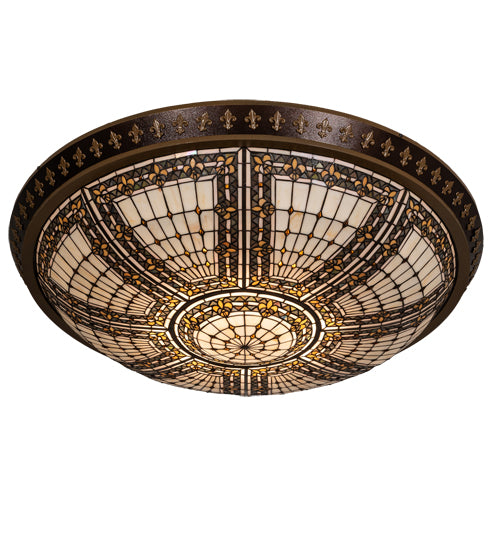 Meyda Lighting Fleur-de-lis 45" 8-Light Copper Vein & Gold Flush Mount Light With Multi-Colored Stained Shade Glass