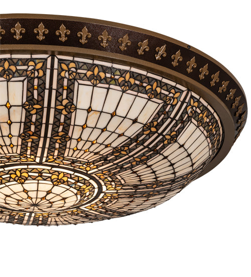 Meyda Lighting Fleur-de-lis 45" 8-Light Copper Vein & Gold Flush Mount Light With Multi-Colored Stained Shade Glass