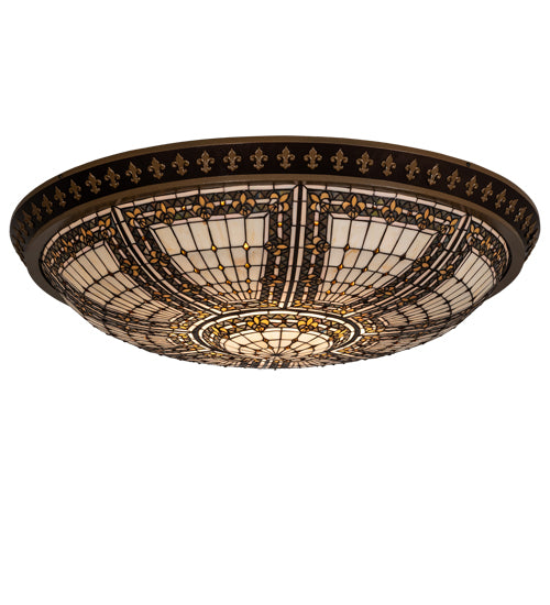 Meyda Lighting Fleur-de-lis 45" 8-Light Copper Vein & Gold Flush Mount Light With Multi-Colored Stained Shade Glass