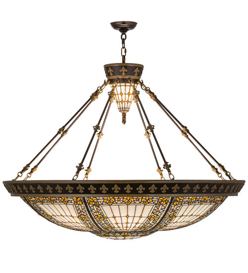 Meyda Lighting Fleur-de-lis 49726 45" 10-Light Copper Vein & Gold Inverted Pendant Light With Multi-Colored Shade Glass