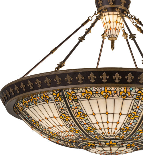 Meyda Lighting Fleur-de-lis 49726 45" 10-Light Copper Vein & Gold Inverted Pendant Light With Multi-Colored Shade Glass