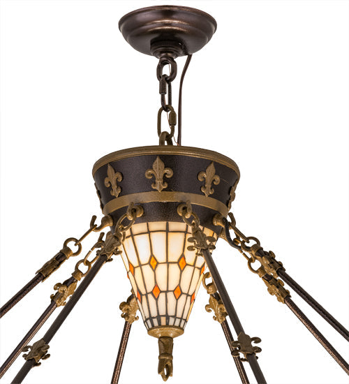 Meyda Lighting Fleur-de-lis 49726 45" 10-Light Copper Vein & Gold Inverted Pendant Light With Multi-Colored Shade Glass