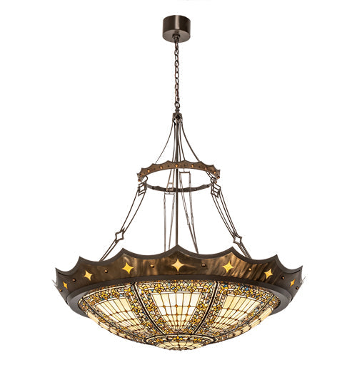 Meyda Lighting Fleur-de-lis 50" 6-Light Timeless Bronze & Antique Copper Pendant Light With Beige & Honey Amber Shade Glass