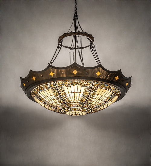 Meyda Lighting Fleur-de-lis 50" 6-Light Timeless Bronze & Antique Copper Pendant Light With Beige & Honey Amber Shade Glass