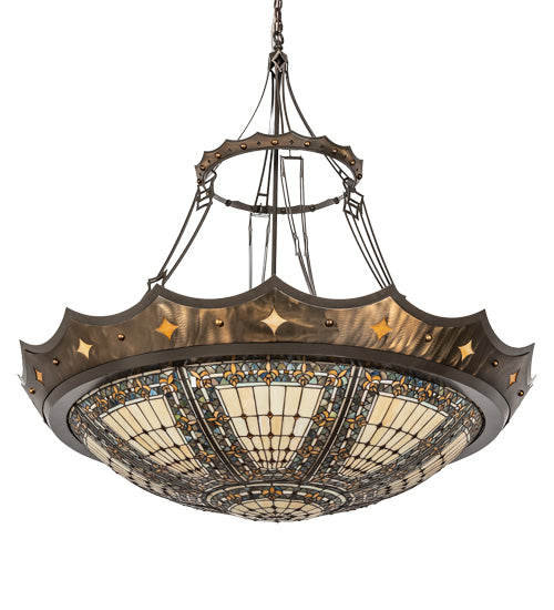 Meyda Lighting Fleur-de-lis 50" 6-Light Timeless Bronze & Antique Copper Pendant Light With Beige & Honey Amber Shade Glass