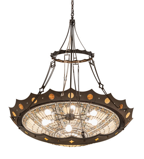 Meyda Lighting Fleur-de-lis 50" 6-Light Timeless Bronze & Antique Copper Pendant Light With Beige & Honey Amber Shade Glass