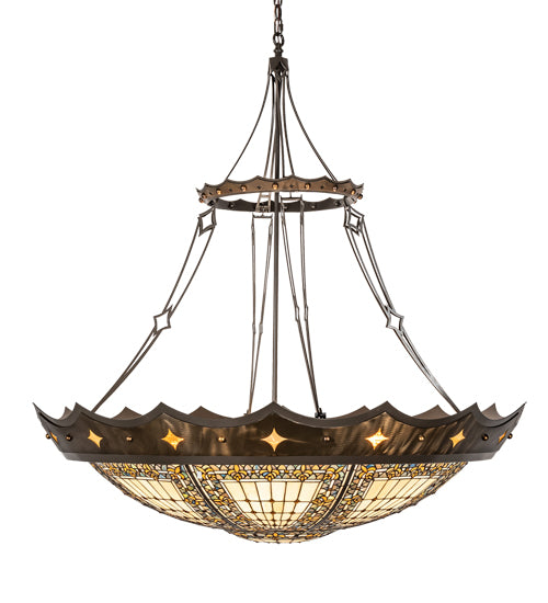 Meyda Lighting Fleur-de-lis 50" 6-Light Timeless Bronze & Antique Copper Pendant Light With Beige & Honey Amber Shade Glass
