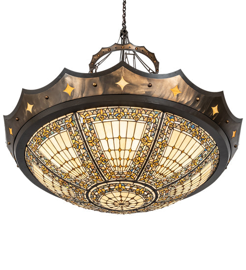 Meyda Lighting Fleur-de-lis 50" 6-Light Timeless Bronze & Antique Copper Pendant Light With Beige & Honey Amber Shade Glass