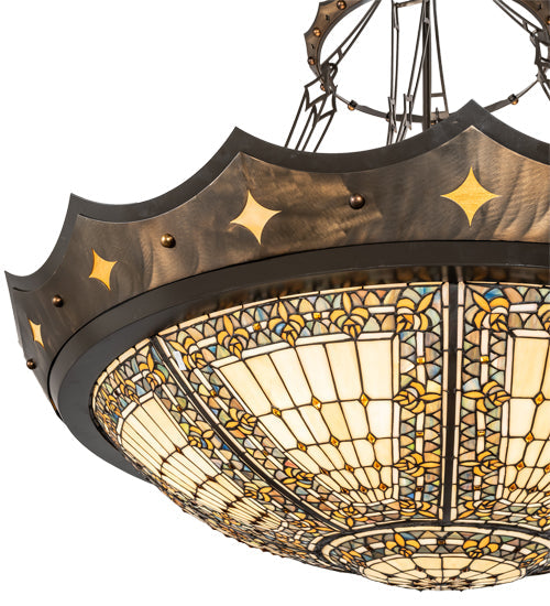 Meyda Lighting Fleur-de-lis 50" 6-Light Timeless Bronze & Antique Copper Pendant Light With Beige & Honey Amber Shade Glass