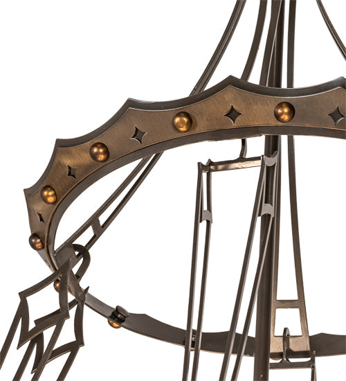 Meyda Lighting Fleur-de-lis 50" 6-Light Timeless Bronze & Antique Copper Pendant Light With Beige & Honey Amber Shade Glass