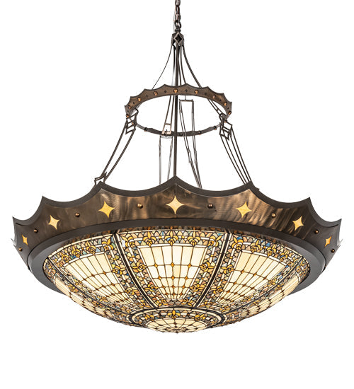 Meyda Lighting Fleur-de-lis 50" 6-Light Timeless Bronze & Antique Copper Pendant Light With Beige & Honey Amber Shade Glass
