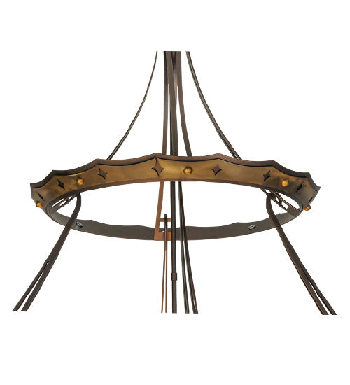 Meyda Lighting Fleur-de-lis 57" 10-Light Mahogany Bronze & Antique Copper Couronne Inverted Pendant Light With Multi-Colored Shade Glass