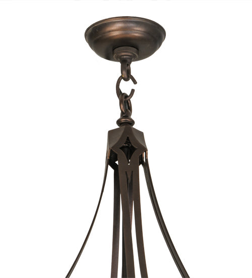 Meyda Lighting Fleur-de-lis 57" 10-Light Mahogany Bronze & Antique Copper Couronne Inverted Pendant Light With Multi-Colored Shade Glass