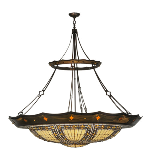 Meyda Lighting Fleur-de-lis 57" 10-Light Mahogany Bronze & Antique Copper Couronne Inverted Pendant Light With Multi-Colored Shade Glass