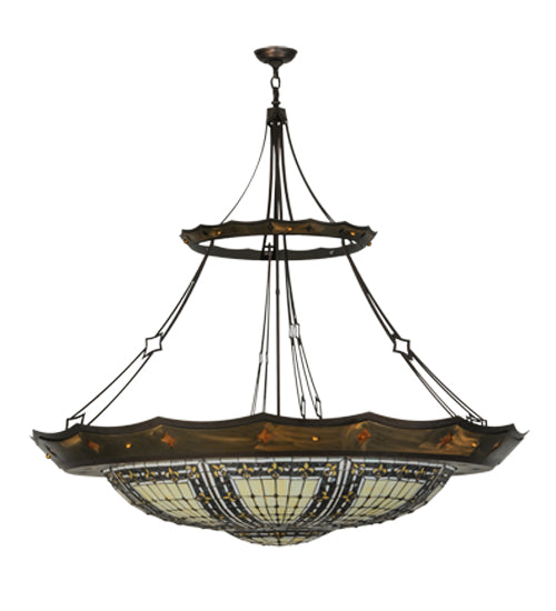 Meyda Lighting Fleur-de-lis 57" 10-Light Mahogany Bronze & Antique Copper Couronne Inverted Pendant Light With Multi-Colored Shade Glass