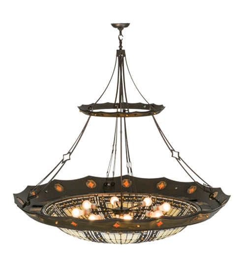 Meyda Lighting Fleur-de-lis 57" 10-Light Mahogany Bronze & Antique Copper Couronne Inverted Pendant Light With Multi-Colored Shade Glass