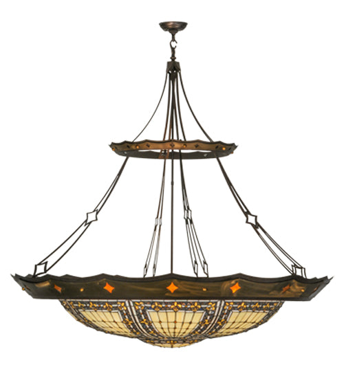 Meyda Lighting Fleur-de-lis 57" 10-Light Mahogany Bronze & Antique Copper Couronne Inverted Pendant Light With Multi-Colored Shade Glass