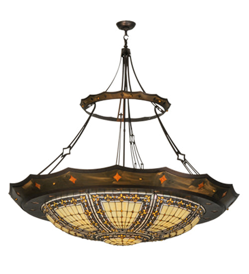 Meyda Lighting Fleur-de-lis 57" 10-Light Mahogany Bronze & Antique Copper Couronne Inverted Pendant Light With Multi-Colored Shade Glass