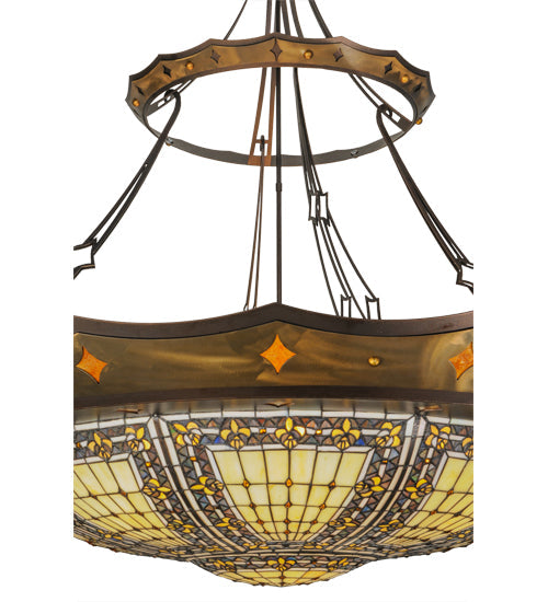 Meyda Lighting Fleur-de-lis 57" 10-Light Mahogany Bronze & Antique Copper Couronne Inverted Pendant Light With Multi-Colored Shade Glass