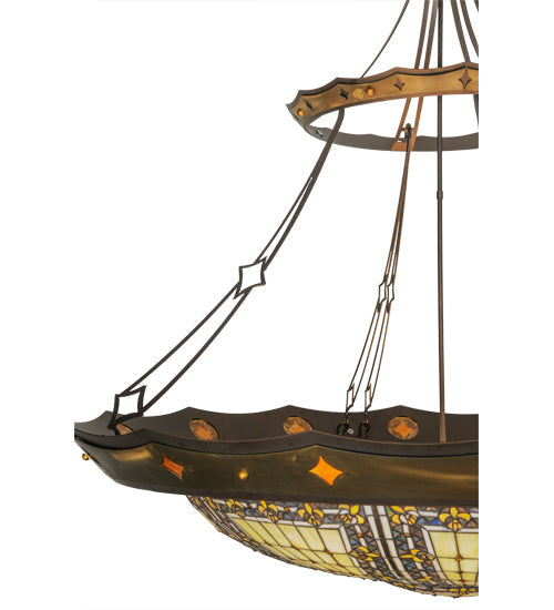 Meyda Lighting Fleur-de-lis 57" 10-Light Mahogany Bronze & Antique Copper Couronne Inverted Pendant Light With Multi-Colored Shade Glass