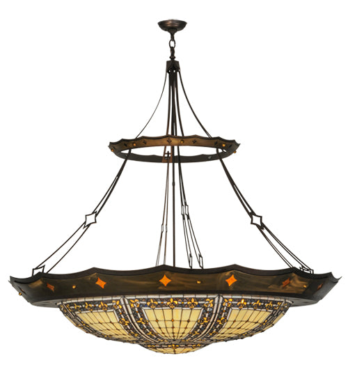 Meyda Lighting Fleur-de-lis 57" 10-Light Mahogany Bronze & Antique Copper Couronne Inverted Pendant Light With Multi-Colored Shade Glass