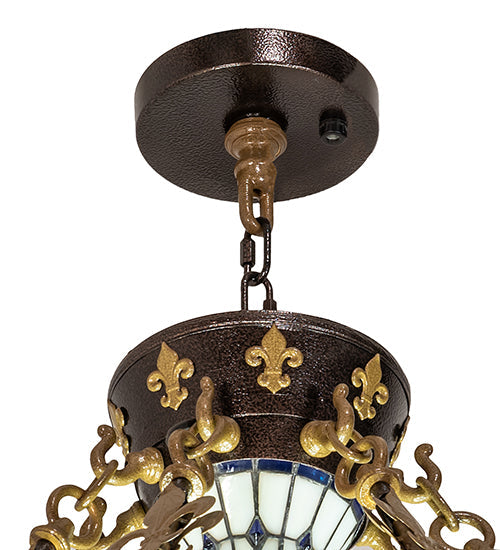 Meyda Lighting Fleur-de-lis 62" 20-Light Copper Vein & Gold Inverted Pendant Light With Multi-Colored Shade Glass